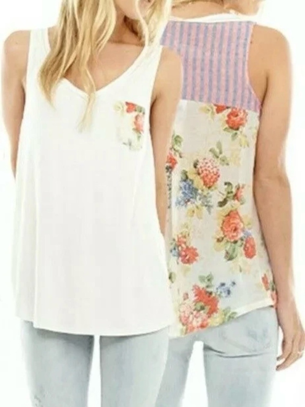 ❤️‍🔥 Aratta XL White Sleeveless V-Neck Tank Floral Pocket and Floral Back A-55